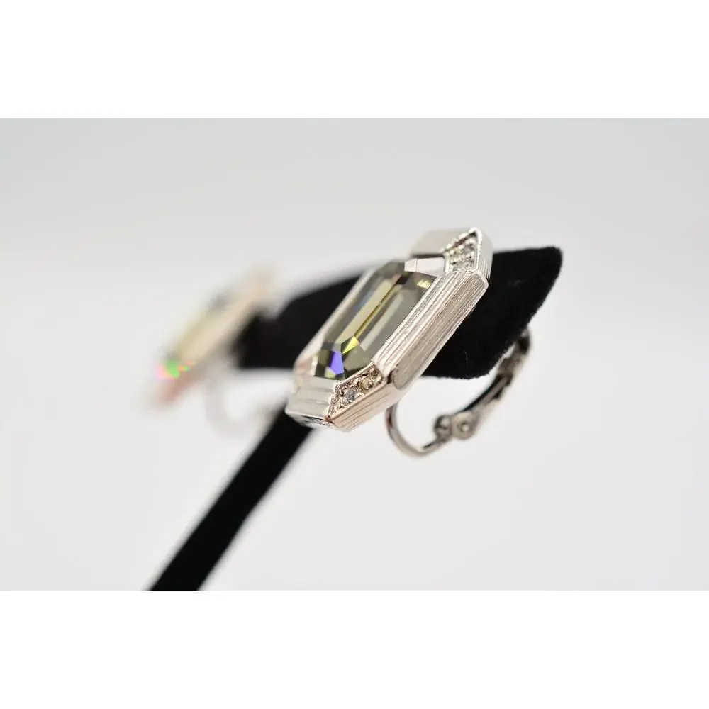 Vintage Crystal Clip On Earrings Chunky Baguette Gray Rhinestone Silver 1980s 9L